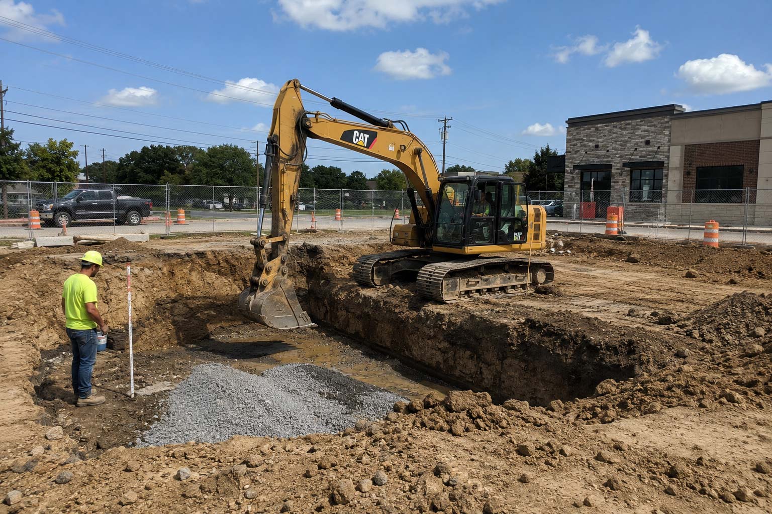 Heavy equipment performing excavation and rough grading on a large construction site